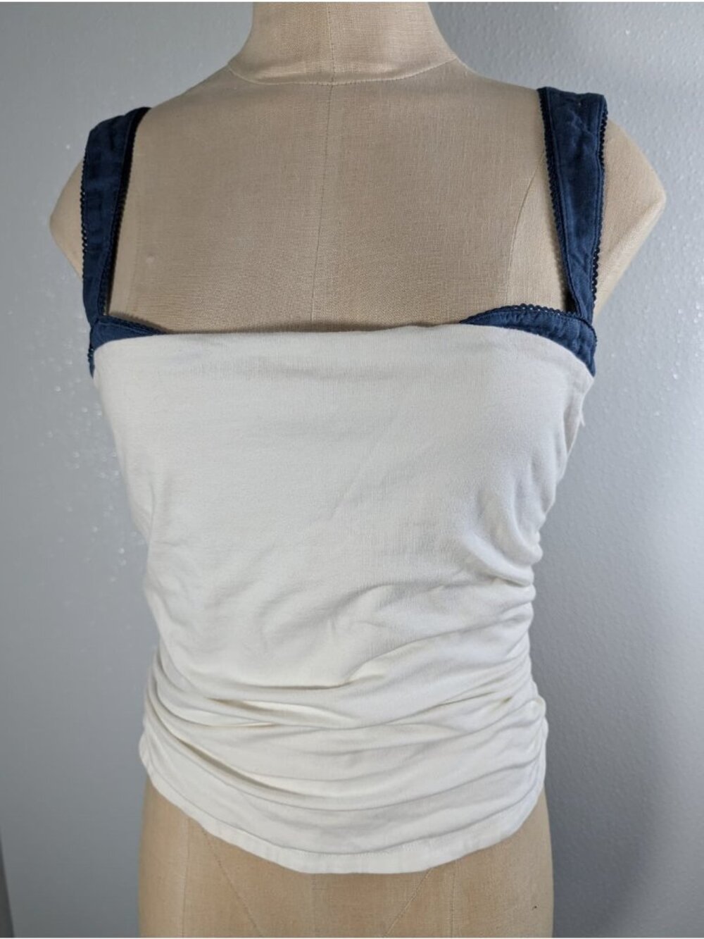 free people Ivory & Navy Ruched Tank Top women's Size Large Made In India